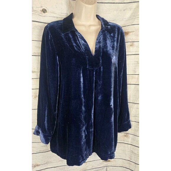 Sundance Blue Velvet Popover Top M Tunic Long Sleeves Silk Blend V-Neck - Picture 3 of 7